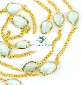 GREEN AMETHYST HYDRO STONE BRASS 18K GOLD VERMEIL 36" LONG CHAIN LINK NECKLACE