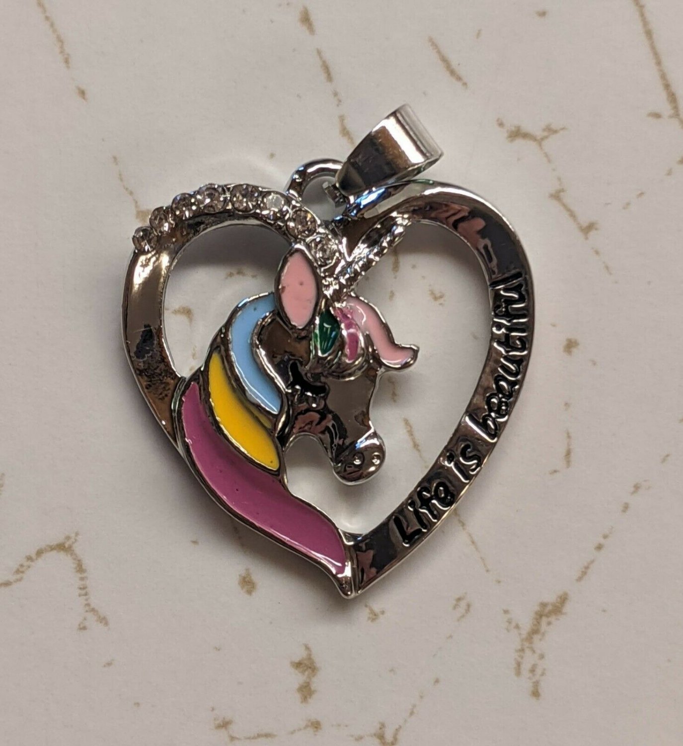Life is beautiful Unicorn Head Heart Necklace 2cm Pendant 18" Chain Silver-color