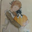 Linda LK Powell Print Wood Wall Hanging Picture Girl w/ Cat & Pumpkins Lovely!