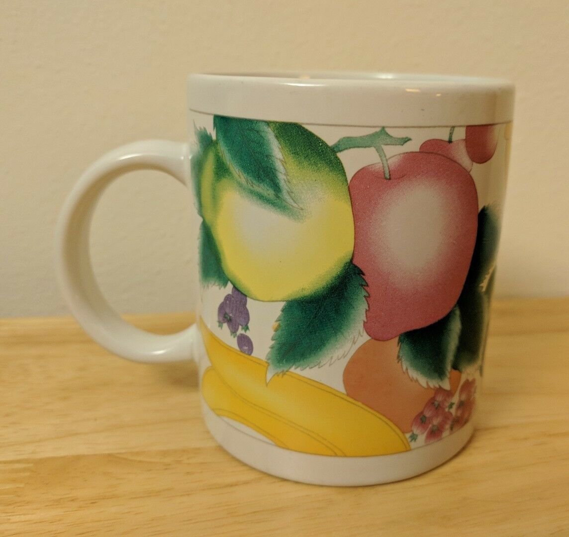 China Coffee Mug Tea Cup w/ Fruit - Apples, Pineapple, Banana, Plums, Berries