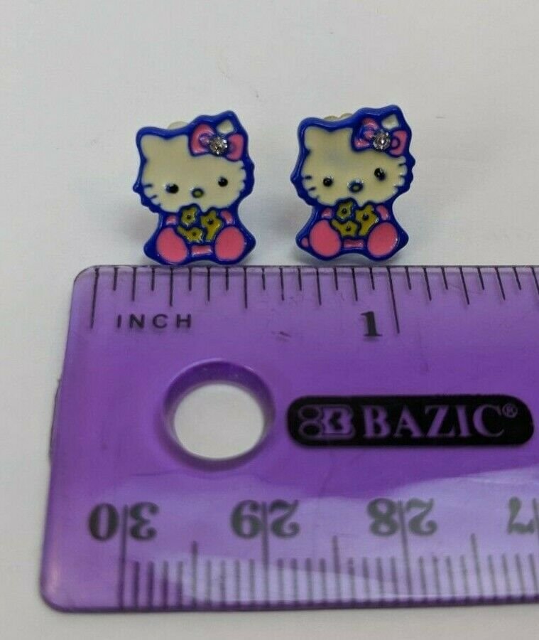 Hello Kitty Pierced Earrings Pair Pink/Yellow/Blue w/ Rhinestone
