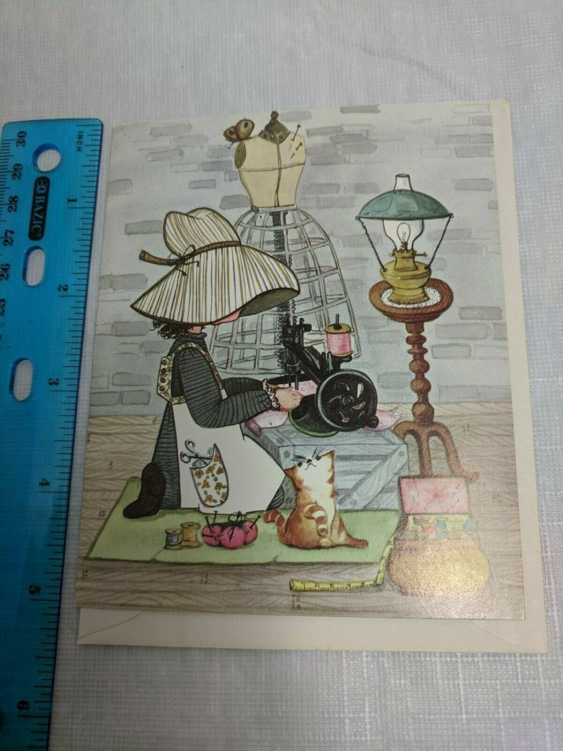 Quality Crest VTG Note Card Bonnet Girl Sewing, Dress Form, Lamp, Kitten