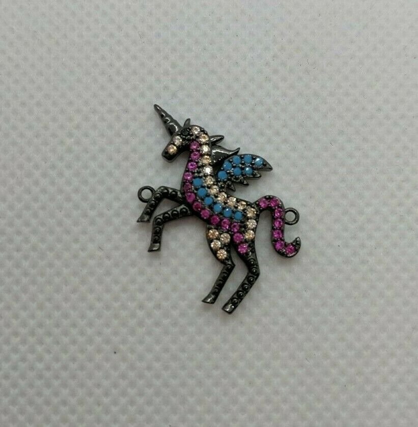 Unicorn Pegasus Pony TINY Pendant Black Metal Blue/Purple/White Rhinestones