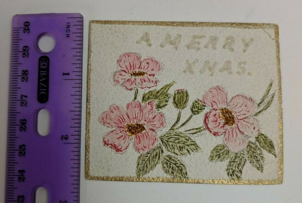 Vintage 1900s Hand-drawn Mini Christmas Card Merry Xmas Red Flowers
