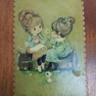 VTG Wood Wall Plaque 2 Girls sitting on log w/ flowers and kitten