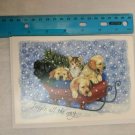 Christmas Card Puppies & Kitten in Sleigh w Tree Art by Avril Haynes Otter House