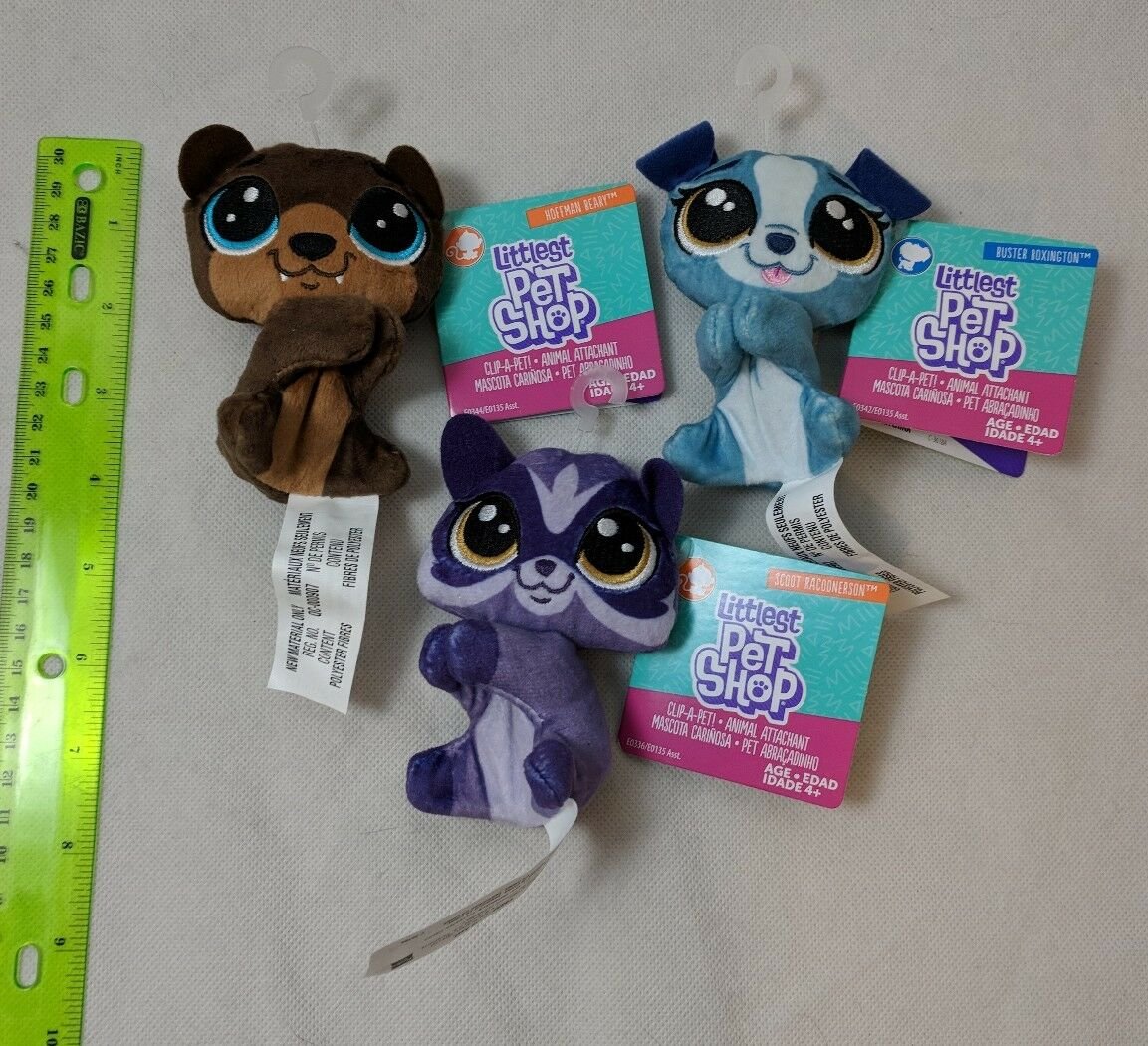 Littlest Pet Shop Mini Clip-A-Pet Plush 4" Lot of 3 Puppy Bear Raccoon NEW