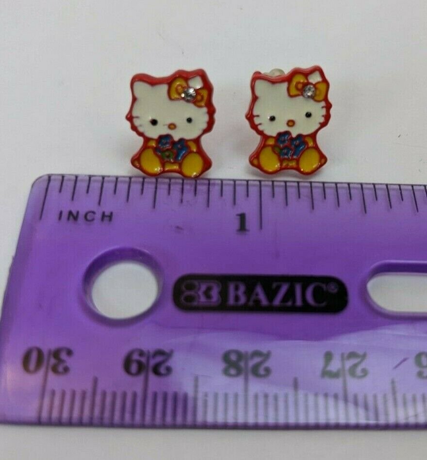 Hello Kitty Pierced Earrings Pair Red/Yellow/Blue w/ Rhinestone