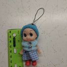 Mini Confused Girl Keychain Doll 3" Tall BLUE Knit Beanie Cap, Fuzzy Top, Skirt