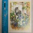 Blank Note Card Kitten in Window Watching Robin, Pansies by Martha Edwards