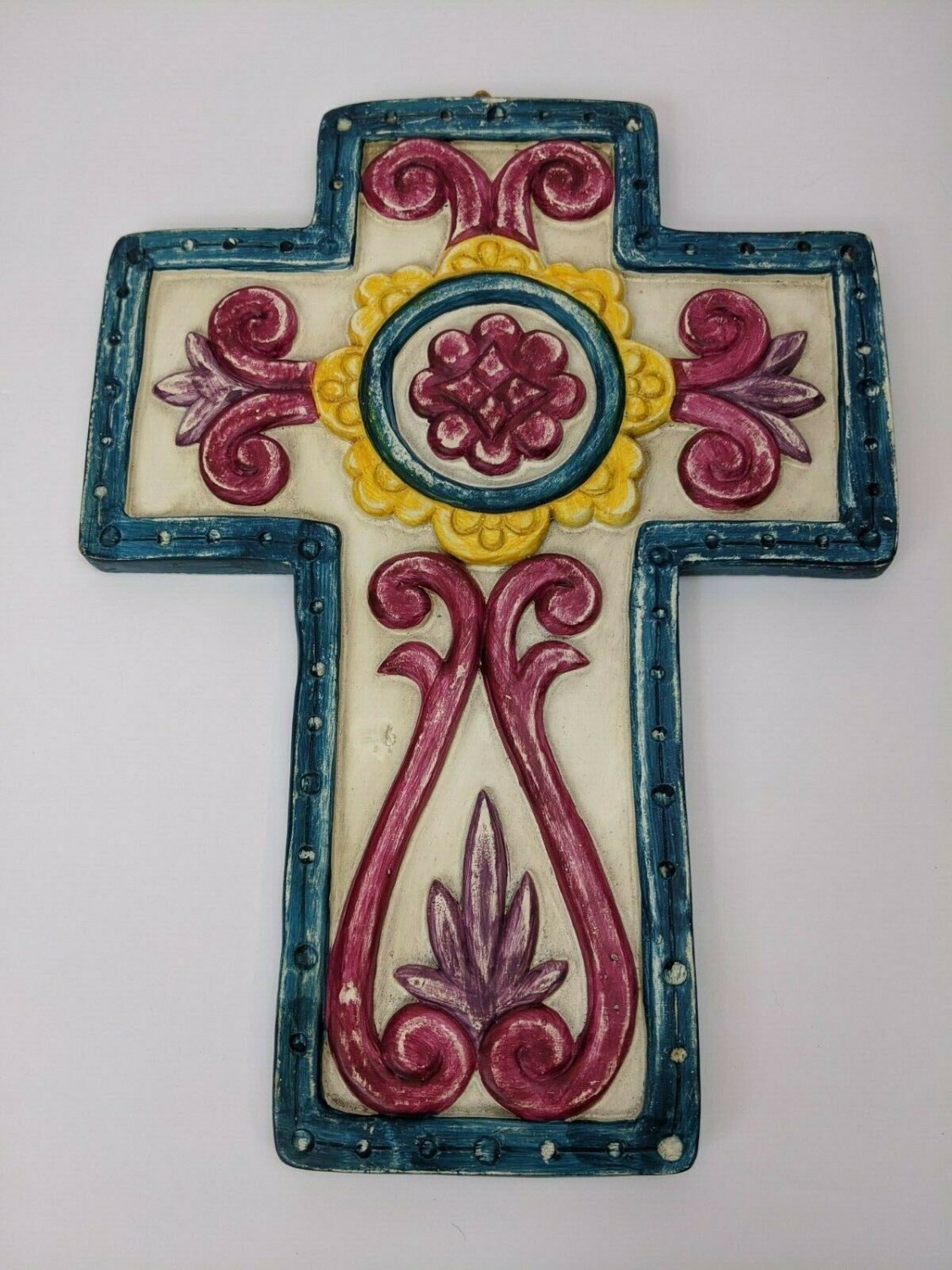 Wall Decor Distressed Plaster Cross 13"x10" Blue/Yellow/Magenta/Cream