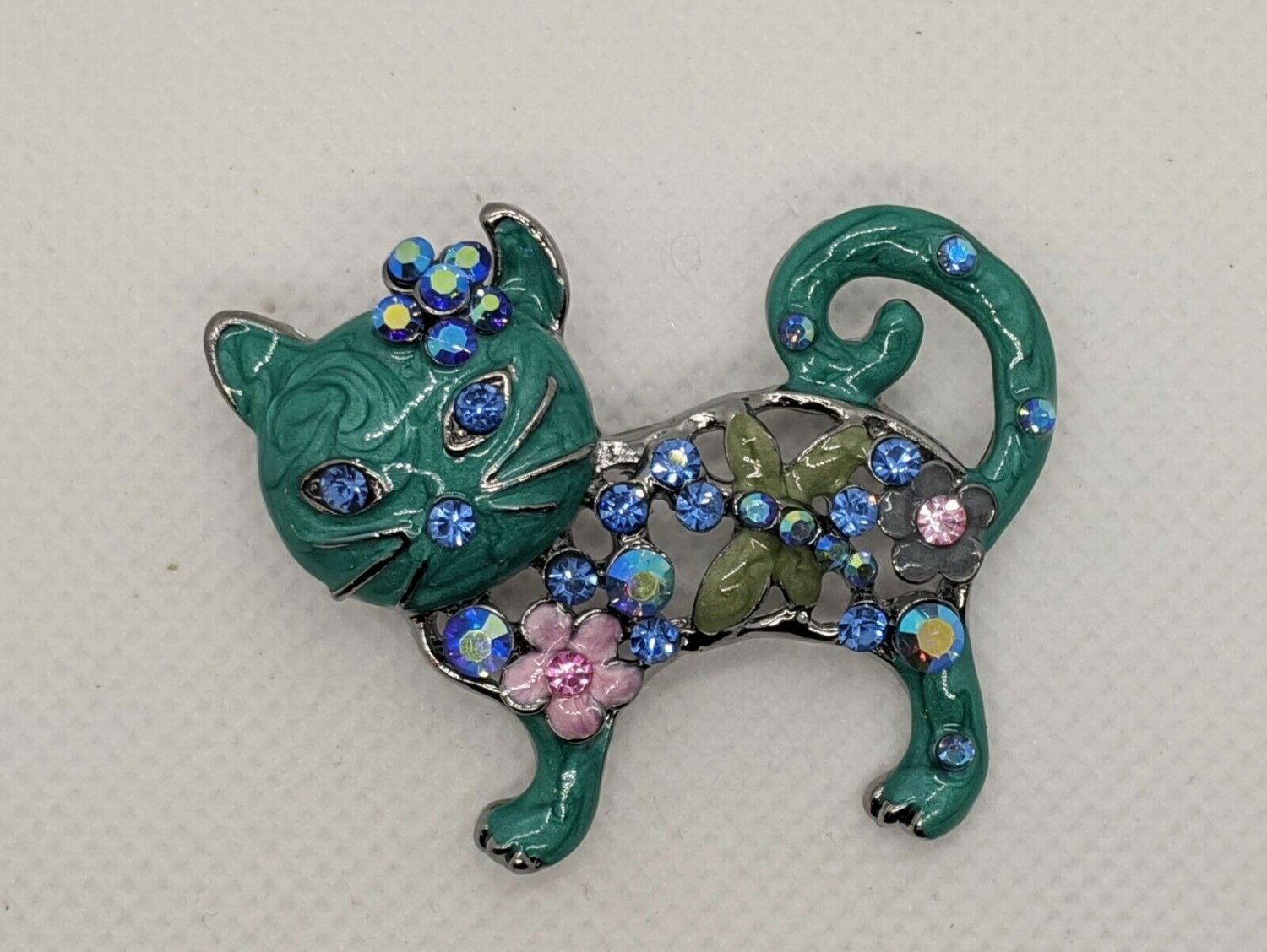 Cat Kitten Brooch Pin Teal/Blue/Pink Enamel Metal w/ Rhinestones 4.5cm Long