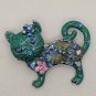 Cat Kitten Brooch Pin Teal/Blue/Pink Enamel Metal w/ Rhinestones 4.5cm Long