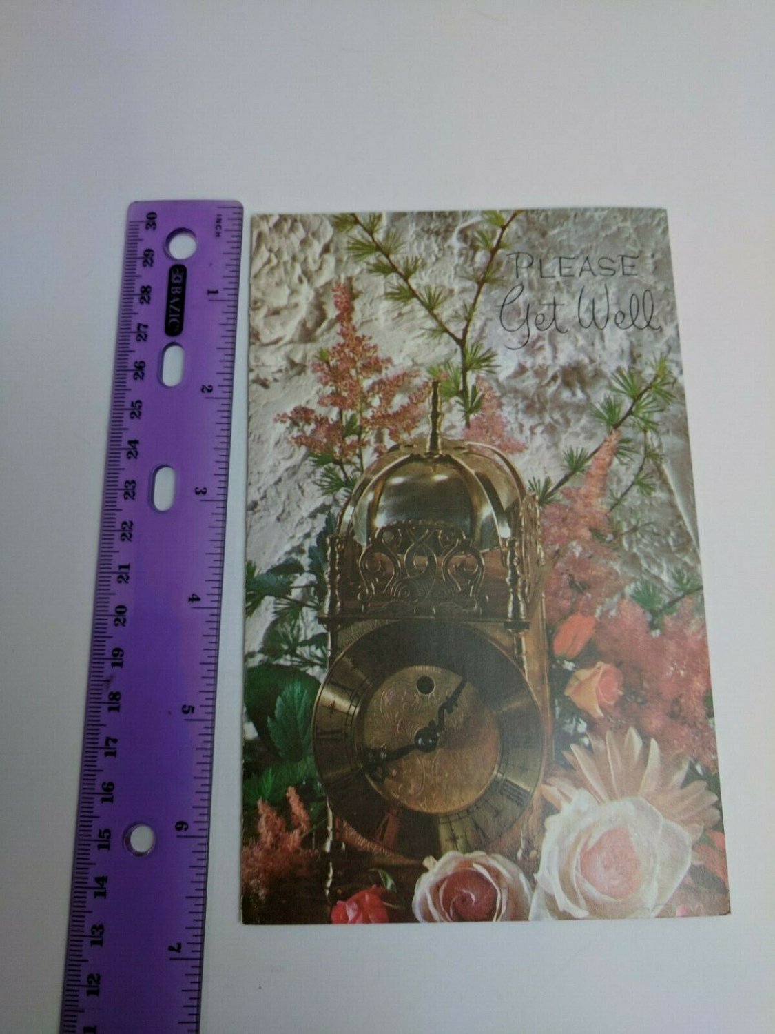 Fantusy Please Get Well Vintage 1970's Card *USED* Clock & Flowers