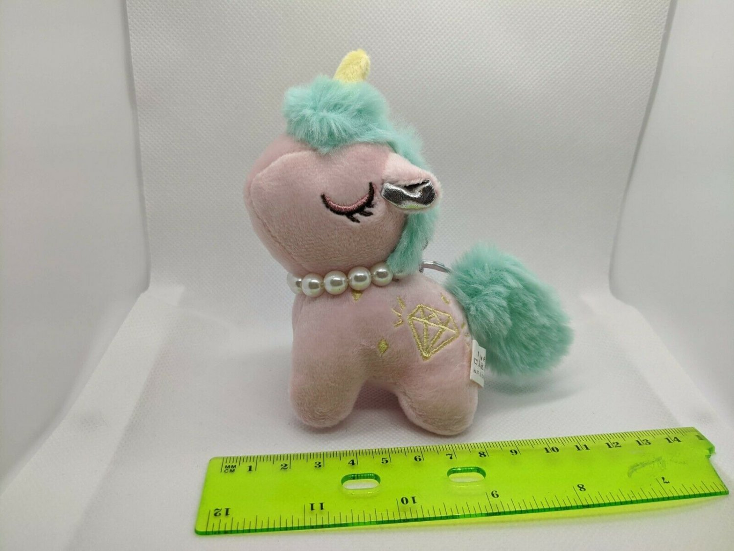 Unicorn Pony Mini 4" Keychain Plush Pink & Aqua, Diamond Symbol, Pearl Necklace