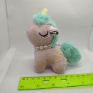 Unicorn Pony Mini 4" Keychain Plush Pink & Aqua, Diamond Symbol, Pearl Necklace