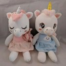 Unicorn Baby Pony Plush White, Pink Hair SET OF 2 Pink & Blue Dress Seated Pose