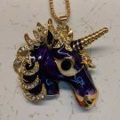 Purple & Rhinestone Unicorn Pony Horse Head Metal Pendant 5cm Tall 26" Necklace