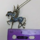 45mm Pegasus Pony Blue Rhinestones Necklace Pendant Costume Jewelry