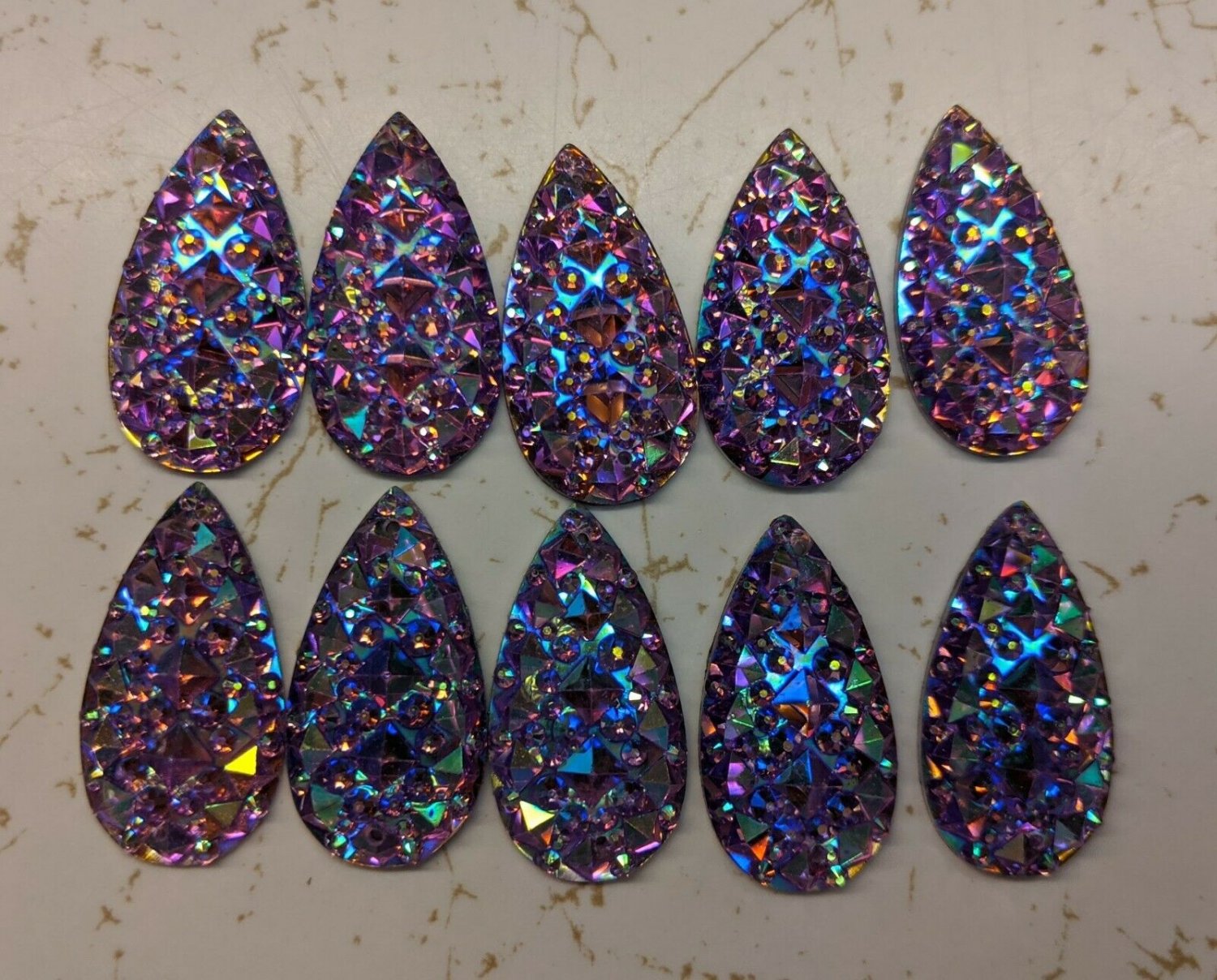 Purple Faceted Teardrop Flatback Scrapbook Craft Embellishment Lot of 10  3cm