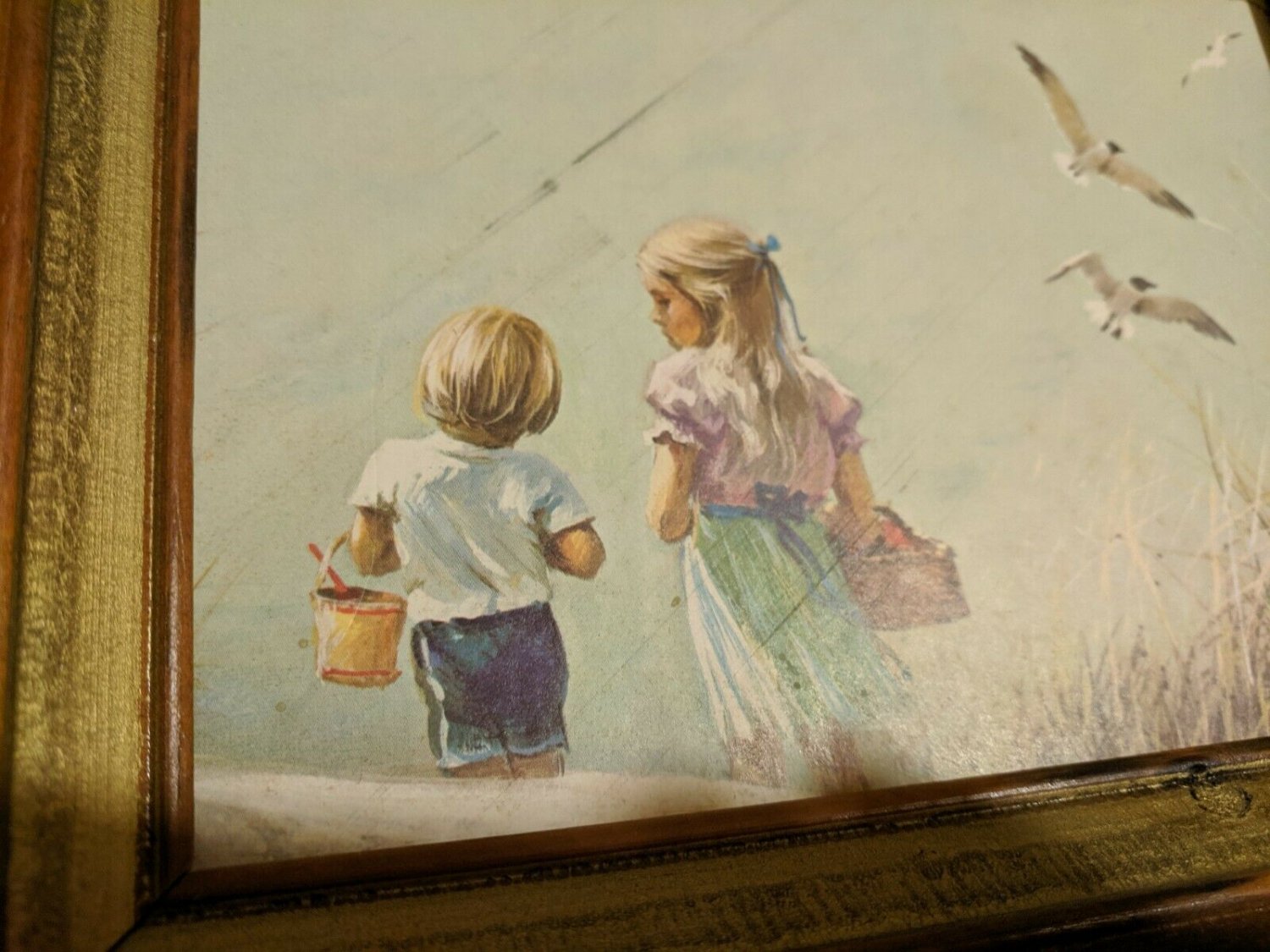 VTG 1970's Framed Wall Print Picture Blonde Boy & Girl at Beach, Seagulls, Grass