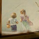 VTG 1970's Framed Wall Print Picture Blonde Boy & Girl at Beach, Seagulls, Grass