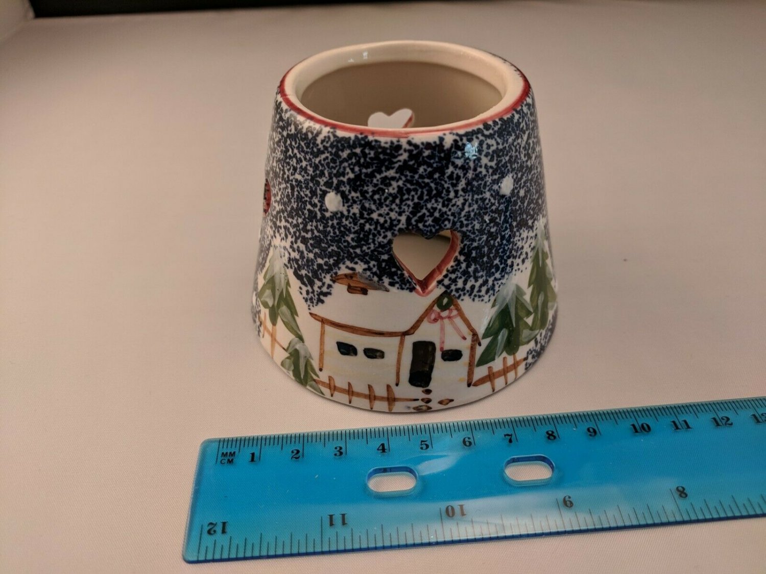 Small Ceramic Lamb Candle Shade, Rustic, Blue/Green/Brown Village in Snow