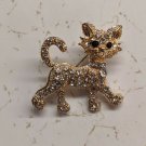 Walking Cat Metal Brooch Pin Gold-color w/ White Rhinestones 3cm Tall