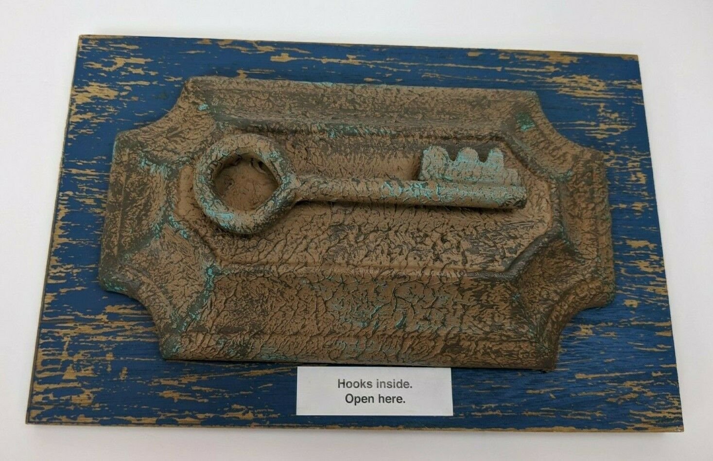 Wall Decor Key Hooks Distressed Blue Board Copper Patina Style Cover 10"x6.5"