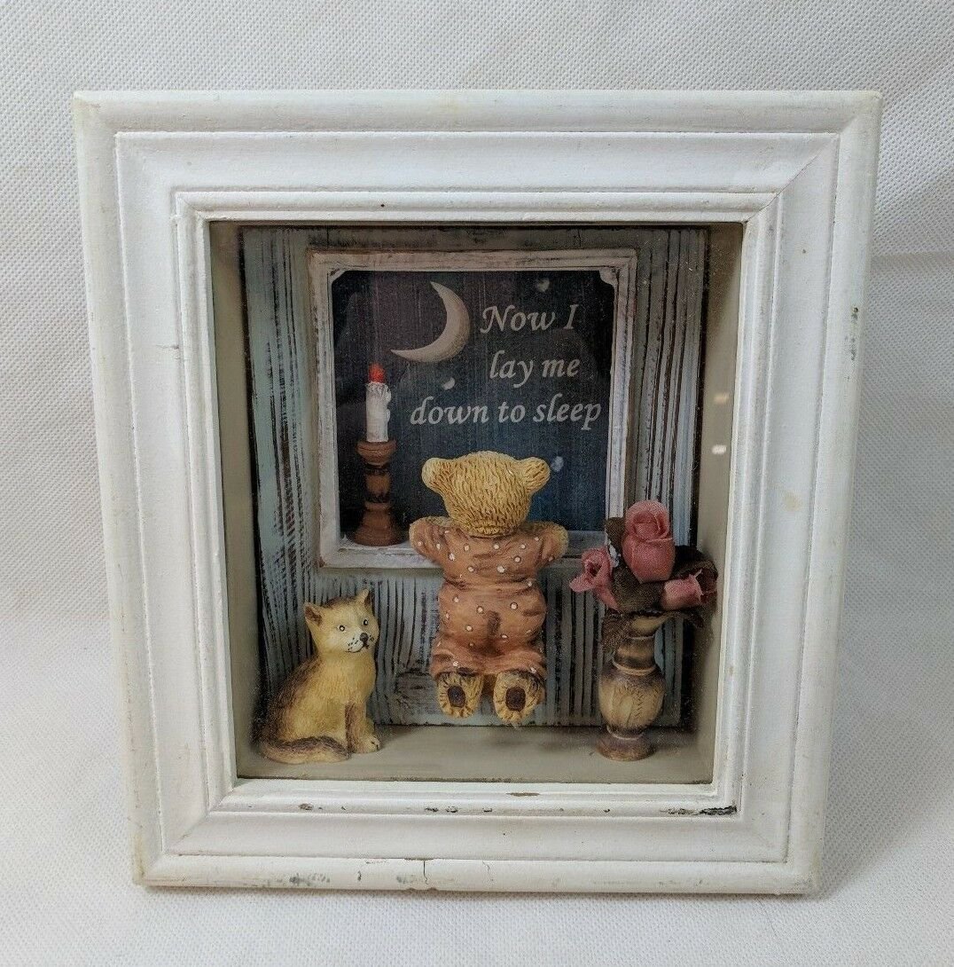 Teddy Bear & Kitten Now I Lay Me Shadow Box White Frame Wall Hanging 8.5" x 7.5"