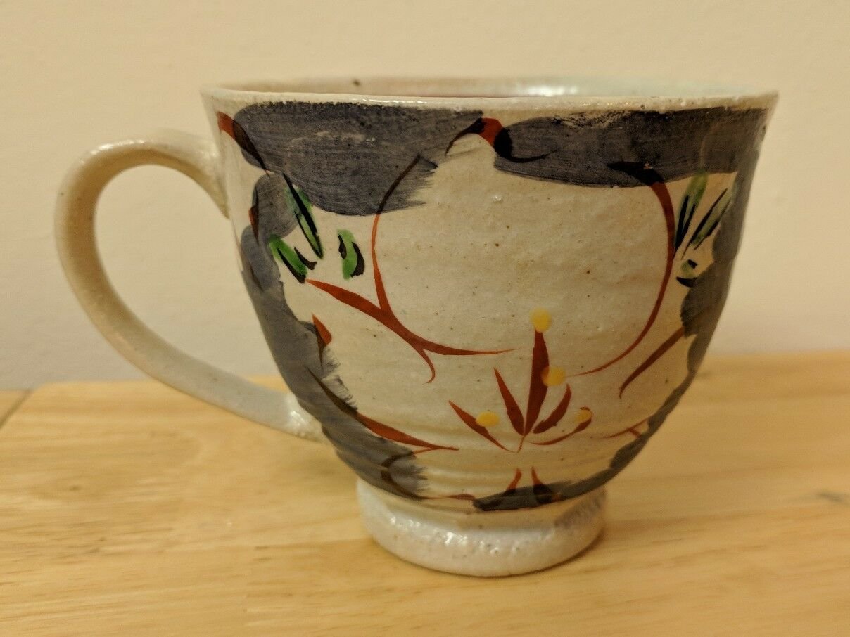 Pottery Coffee Mug Tea Cup Big Red Outlined Flowers w/ Blue, Yellow Accents