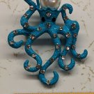 Aqua Octopus Brooch Pin Faux Pearl Head, Clear Rhinestones 5cm Tall