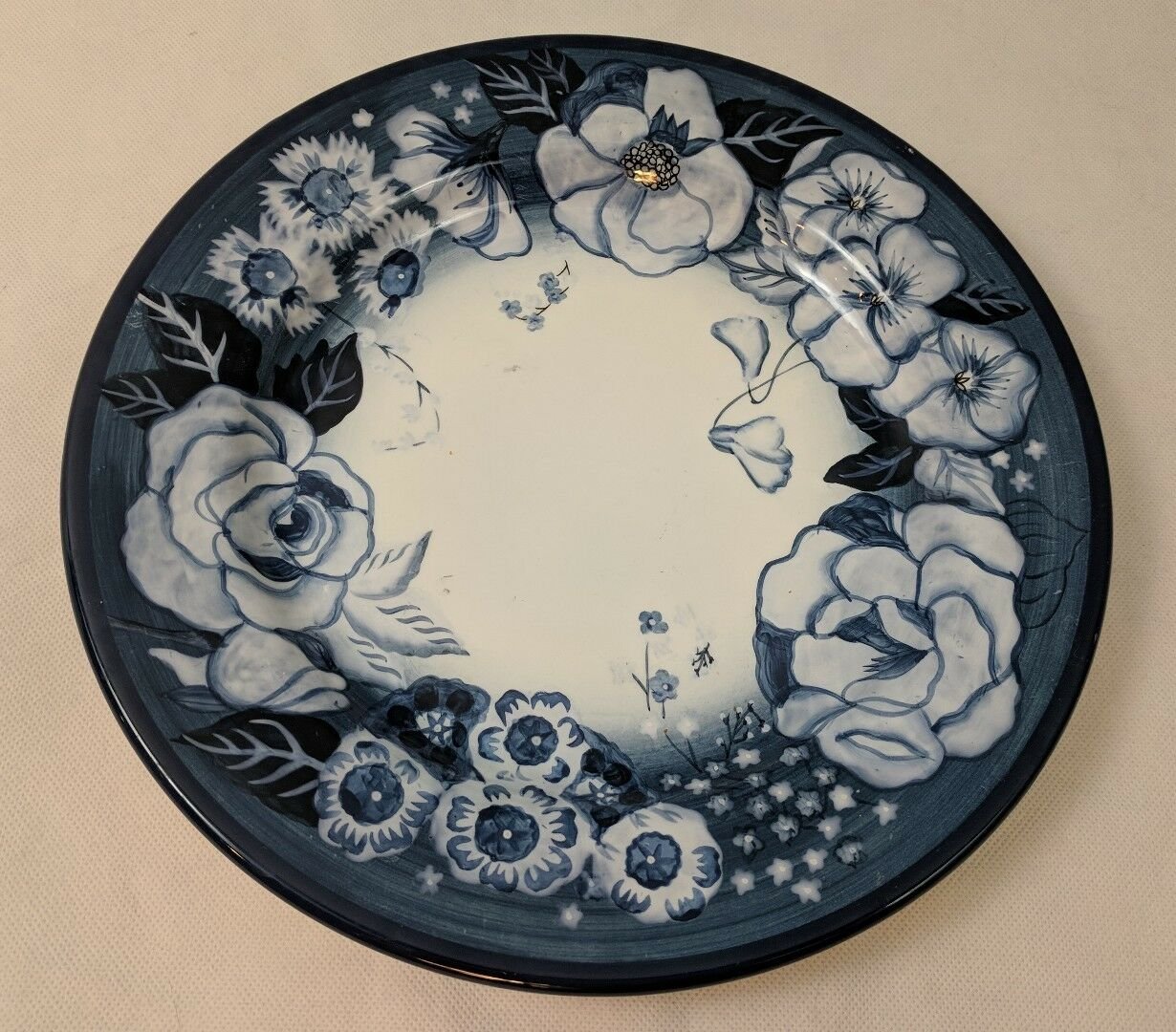 2003 Lang & Wise Earthenware Sherri Buck Baldwin Art Floral Blues Dinner Plate