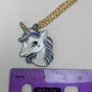 35mm Unicorn Head White w Blue/Pink Hair Enamel Necklace Pendant Costume Jewelry