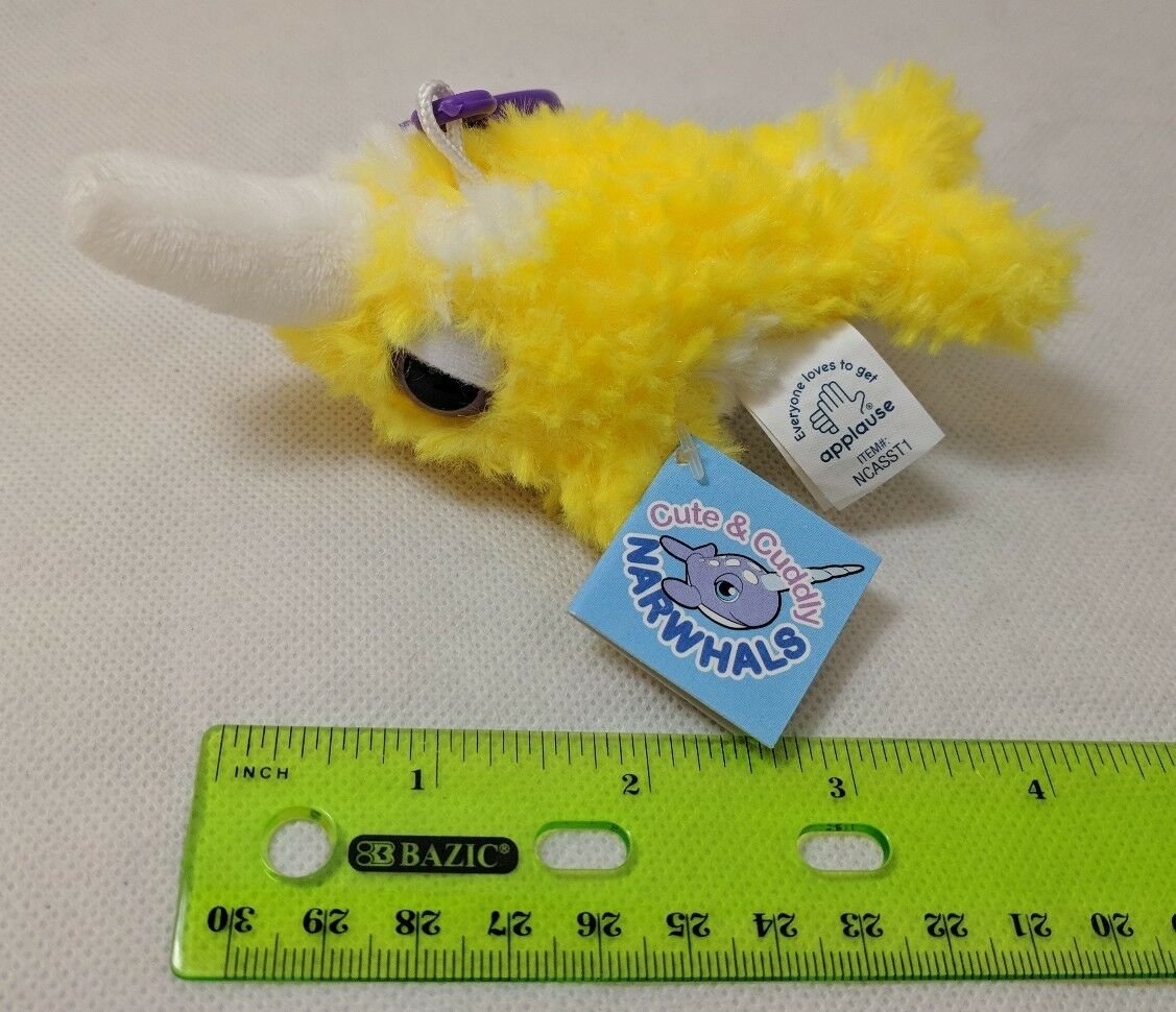 Applause Narwhal Mini Plush Keychain 3" Shaggy Yellow/White Very Soft! NWT
