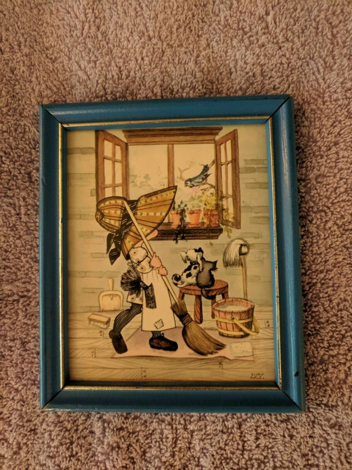 Dec Arts Condecor VTG 1970's Framed Wall Print Picture Girl in Bonnet Sweeping