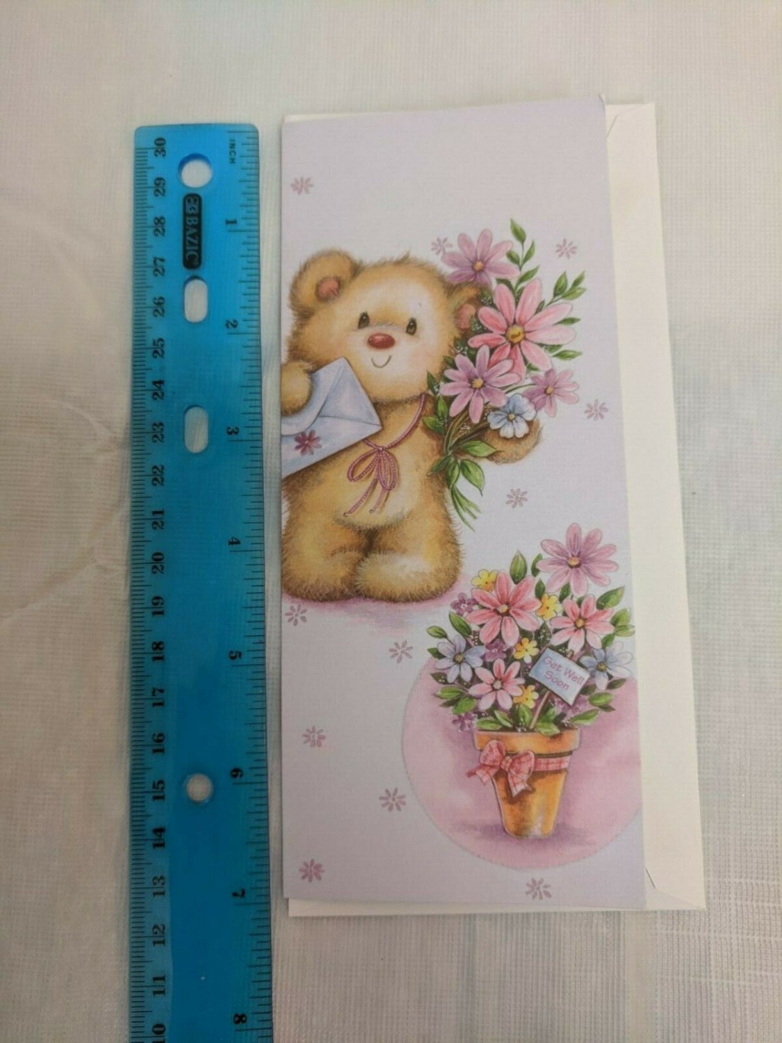 Get Well Card Teddy Bear w/ Flowers Interlitho Applejack Art Partners CUTE!