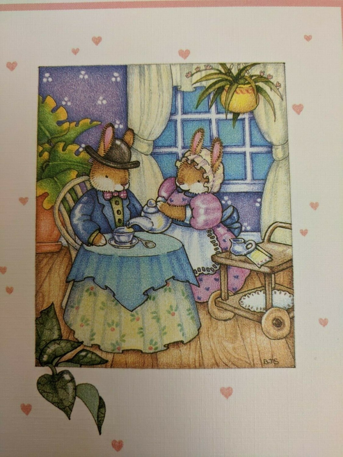 Note Card Unused Bunny Gentleman being served tea by lady bunny Signed BJS