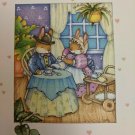 Note Card Unused Bunny Gentleman being served tea by lady bunny Signed BJS