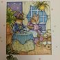 Note Card Unused Bunny Gentleman being served tea by lady bunny Signed BJS