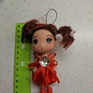Confused Girl Keychain Doll 4.5" Brown Pigtails Red Dress, Sequin Hat, Rhineston