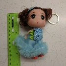 Confused Little Girl Keychain Doll 4.5" Tall Curly Brunette Blue Tulle Dress
