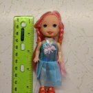 Toddler Girl Fashion Doll 4" Pink Braided Pigtails, Blue Dress, Red Shoes