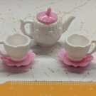 12" Doll Plastic Kitchen Teapot, 2 Cups/Saucers Wood-grain pattern White/Pink
