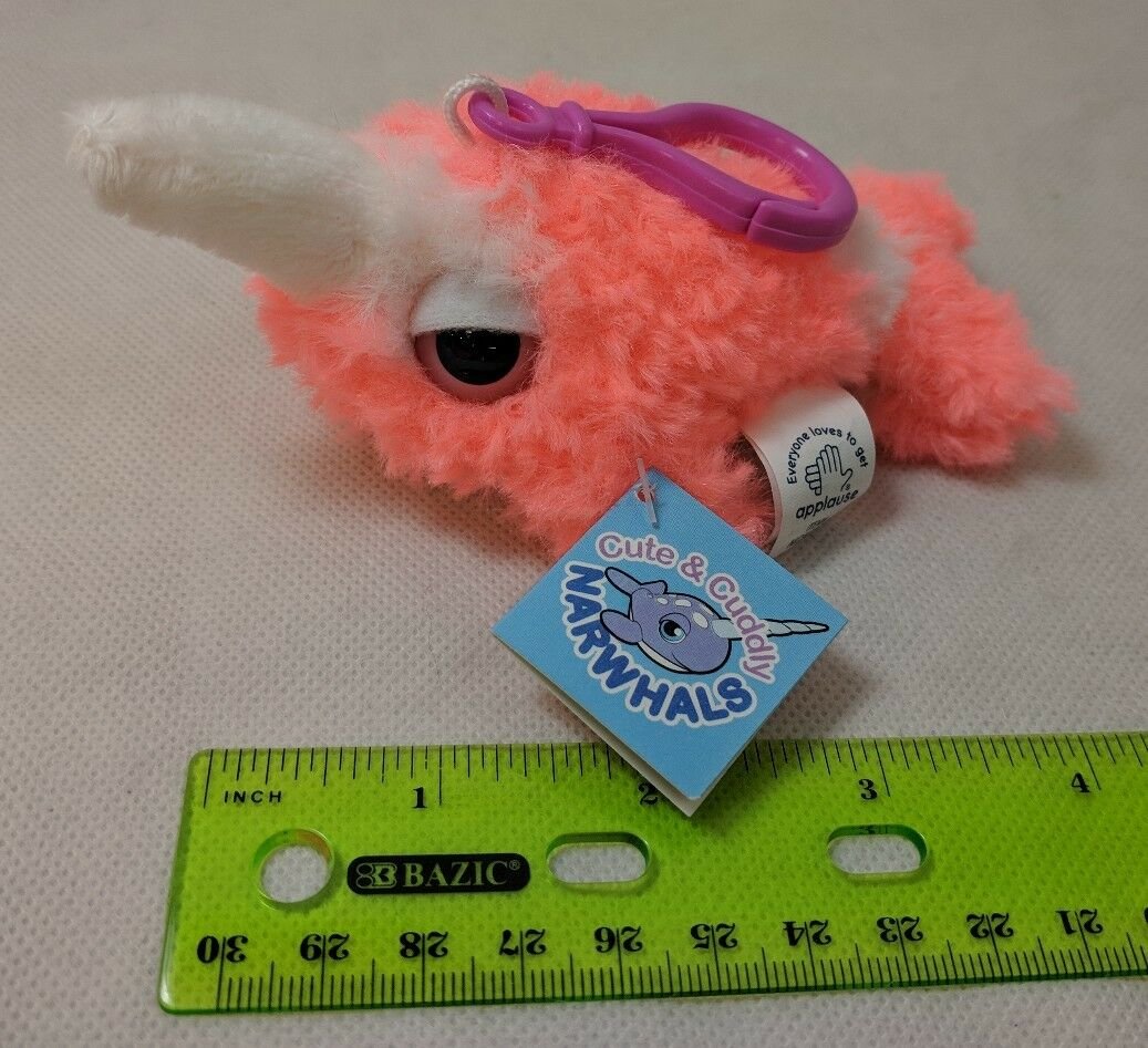 Applause Narwhal Mini Plush Keychain 3" Shaggy Neon Pink/White Very Soft! NWT