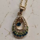 Teardrop Pendant Necklace Teal/Green/White Rhinestones Gold color 2cm 18" Chain
