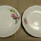 China Saucers Lot of 2 White w/ Pink/Yellow/Green Flowers, Gold Scalloped Rim
