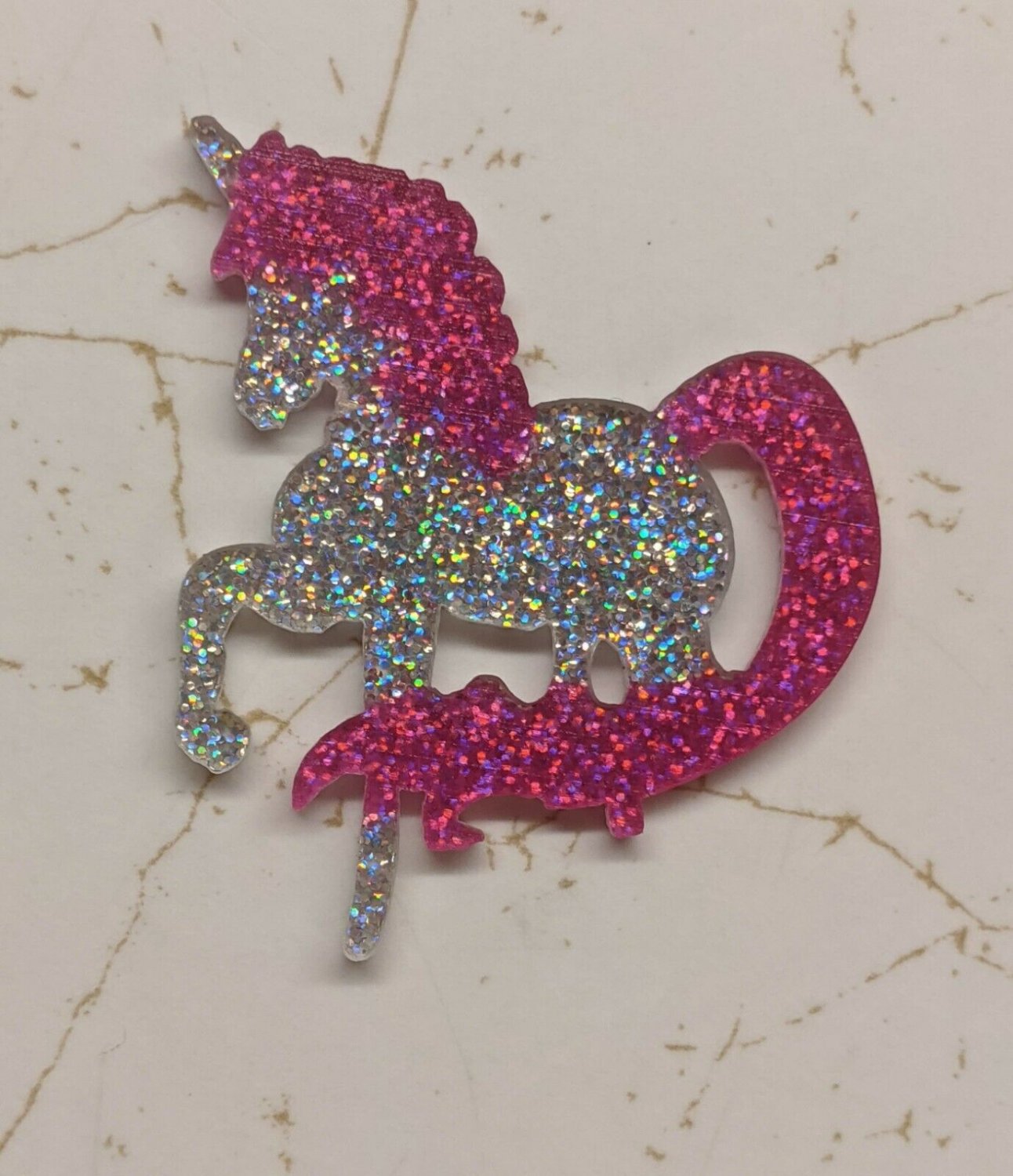 Silver/Dk Pink Unicorn Pony Glitter Resin Flatback Craft Embellishment 45mm Tall