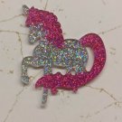 Silver/Dk Pink Unicorn Pony Glitter Resin Flatback Craft Embellishment 45mm Tall