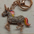 Running Unicorn Pony Metal Keychain Ring, Hook White Rhinestone Body Rainbow